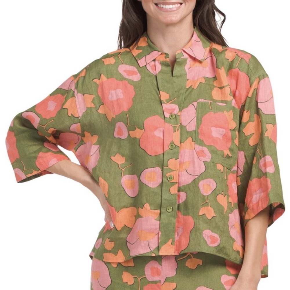 Magaschoni Linen Shirt in Green and Pink